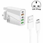 65W Dual PD Type-C + 3 x USB Multi Port Charger with 3A USB to Type-C Data Cable, UK Plug(White)