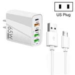 65W Dual PD Type-C + 3 x USB Multi Port Charger with 3A USB to Micro USB Data Cable, US Plug(White)
