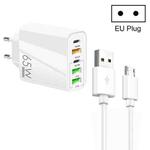 65W Dual PD Type-C + 3 x USB Multi Port Charger with 3A USB to Micro USB Data Cable, EU Plug(White)