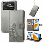 For Xiaomi Poco C40 Four-leaf Clasp Embossed Buckle Leather Phone Case(Gray)