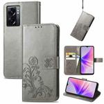 For OPPO A77 Four-leaf Clasp Embossed Buckle Leather Phone Case(Gray)
