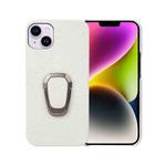For iPhone 14 Plus Ring Holder Litchi Texture Genuine Leather Phone Case(White)