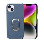 For iPhone 14 Plus Ring Holder Litchi Texture Genuine Leather Phone Case(Blue)