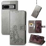 For Google Pixel 7 Four-leaf Clasp Embossed Buckle Leather Phone Case(Gray)