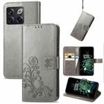 For OnePlus 10T Four-leaf Clasp Embossed Buckle Leather Phone Case(Gray)