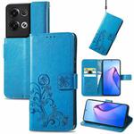 For OPPO Reno8 Pro Overseas Edition Four-leaf Clasp Embossed Buckle Leather Phone Case(Blue)
