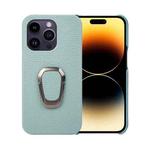 For iPhone 14 Pro Ring Holder Litchi Texture Genuine Leather Phone Case(Cyan)