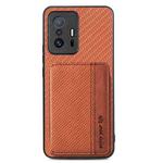 For Xiaomi Mi 11T Carbon Fiber Magnetic Card Bag Phone Case(Brown)
