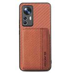 For Xiaomi 12T Carbon Fiber Magnetic Card Bag Phone Case(Brown)