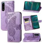 For Sony Xperia 5 IV Butterfly Love Flower Embossed Leather Phone Case(Lavender)