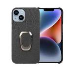 For iPhone 14 Ring Holder Litchi Texture Genuine Leather Phone Case(Black)