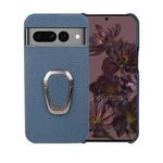 For Google Pixel 7 Pro Ring Holder Litchi Texture Genuine Leather Phone Case(Blue)