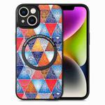 For iPhone 14 Colored Drawing Leather Back Cover Magsafe Phone Case(Rhombus Mandala)