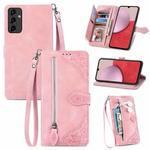 For Samsung Galaxy A14 5G Embossed Flower  Zipper Leather Phone Case(Rose Gold)