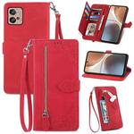 For Motorola Moto G32 Embossed Flower Zipper Leather Phone Case(Red)