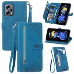 For Redmi Note 11T Embossed Flower Zipper Leather Phone Case(Blue)