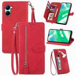 For Realme C33 Embossed Flower Zipper Leather Phone Case(Red)