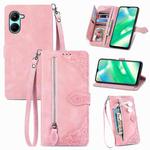 For Realme C33 Embossed Flower Zipper Leather Phone Case(Rose Gold)