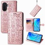 For Huawei Nova Y70 Cute Cat and Dog Embossed Leather Phone Case(Rose Gold)