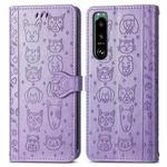 For Sony Xperia 5 IV Cat and Dog Embossed Leather Phone Case(Purple)