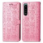 For Sony Xperia 5 IV Cat and Dog Embossed Leather Phone Case(Pink)