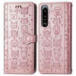 For Sony Xperia 5 IV Cat and Dog Embossed Leather Phone Case(Rose Gold)