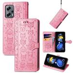 For Xiaomi Redmi Note 11T Cat and Dog Embossed Leather Phone Case(Pink)