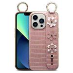 For iPhone 12 / 12 Pro Wristband Ring Sakura Electroplated Crocodile Leather Phone Case(Pink)