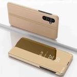 For Samsung Galaxy A14 5G Plated Mirror Horizontal Flip Leather Case with Holder(Gold)