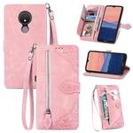 For Nokia C21 Embossed Flower Zipper Leather Phone Case(Rose Gold)