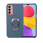 For Samsung Galaxy M13 4G Ring Holder Litchi Texture Genuine Leather Phone Case(Blue)