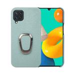 For Samsung Galaxy M32 Ring Holder Litchi Texture Genuine Leather Phone Case(Cyan)
