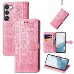 For Samsung Galaxy S23 5G Cute Cat and Dog Embossed Leather Phone Case(Pink)