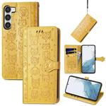 For Samsung Galaxy S23+ 5G Cute Cat and Dog Embossed Leather Phone Case(Yellow)