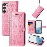 For Samsung Galaxy S23+ 5G Cute Cat and Dog Embossed Leather Phone Case(Pink)