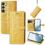 For Samsung Galaxy S23 Ultra 5G Cute Cat and Dog Embossed Leather Phone Case(Yellow)