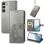 For Samsung Galaxy S23+ 5G Four-leaf Clasp Embossed Buckle Leather Phone Case(Gray)