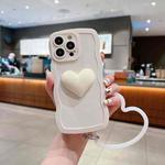 For iPhone 14 Pro Max 3D Heart Skin-Feel Silicone Phone Case with Wristband(White)