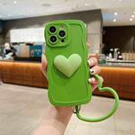 For iPhone 14 3D Heart Skin-Feel Silicone Phone Case with Wristband(Green)