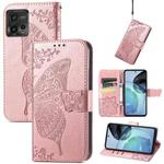 For Motorola Moto G72 Butterfly Love Flower Embossed Horizontal Flip Leather Case with Bracket / Card Slot / Wallet / Lanyard(Rose Gold)