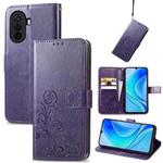 For Huawei Enjoy 50 / nova Y70 Four-leaf Clasp Embossed Leather Phone Case(Purple)