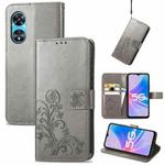 For OPPO A97 5G Four-leaf Clasp Embossed Buckle Leather Phone Case(Gray)