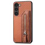 For Samsung Galaxy S23 5G Carbon Fiber Flip Zipper Wallet Phone Case(Brown)