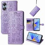For OPPO A17 Cat and Dog Embossed Leather Phone Case(Purple)