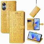 For OPPO A17 Cat and Dog Embossed Leather Phone Case(Yellow)