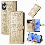 For OPPO A17 Cat and Dog Embossed Leather Phone Case(Gold)