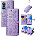 For OPPO A97 5G Cat and Dog Embossed Leather Phone Case(Purple)
