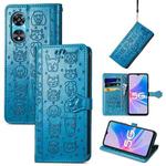 For OPPO A97 5G Cat and Dog Embossed Leather Phone Case(Blue)
