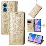 For OPPO A97 5G Cat and Dog Embossed Leather Phone Case(Gold)