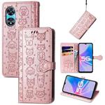 For OPPO A97 5G Cat and Dog Embossed Leather Phone Case(Rose Gold)